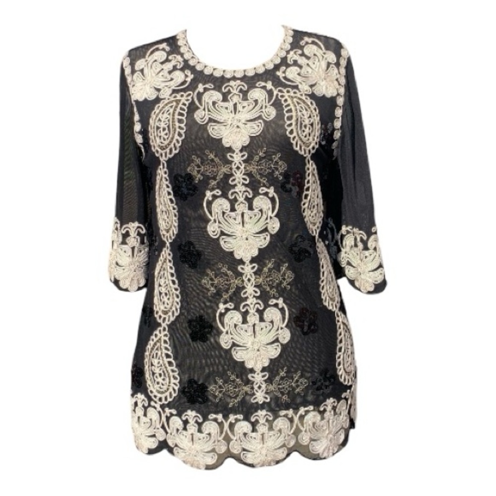 Elegant Sheer‎ Mini Dress Tunic Black White Embellishments Sequin Size Medium